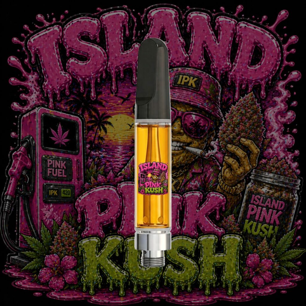 Island Pink Kush HTSFE vape cartridge with tropical pink cannabis artwork, premium full-spectrum THC oil, and heavy indica strain branding