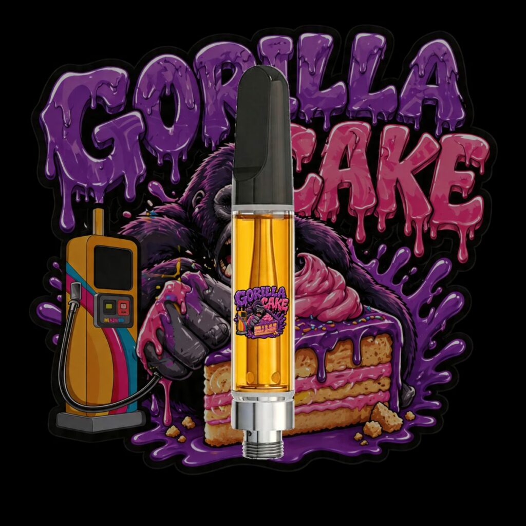 Gorilla Cake HTSFE vape cartridge with dessert-themed cannabis artwork, premium full-spectrum THC oil, and sweet gas hybrid strain branding