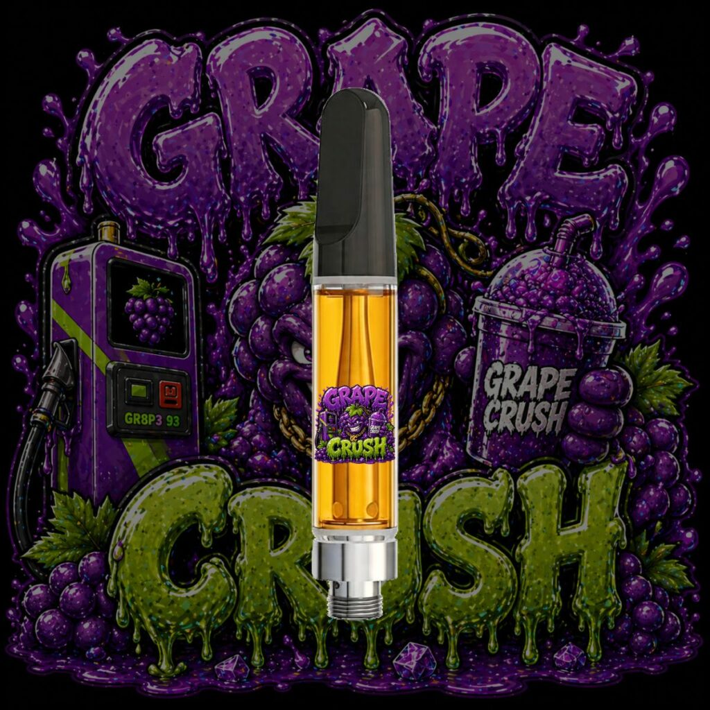 Grape Crush HTSFE vape cartridge with purple grape-themed cannabis artwork, premium full-spectrum THC oil, and sweet hybrid strain branding