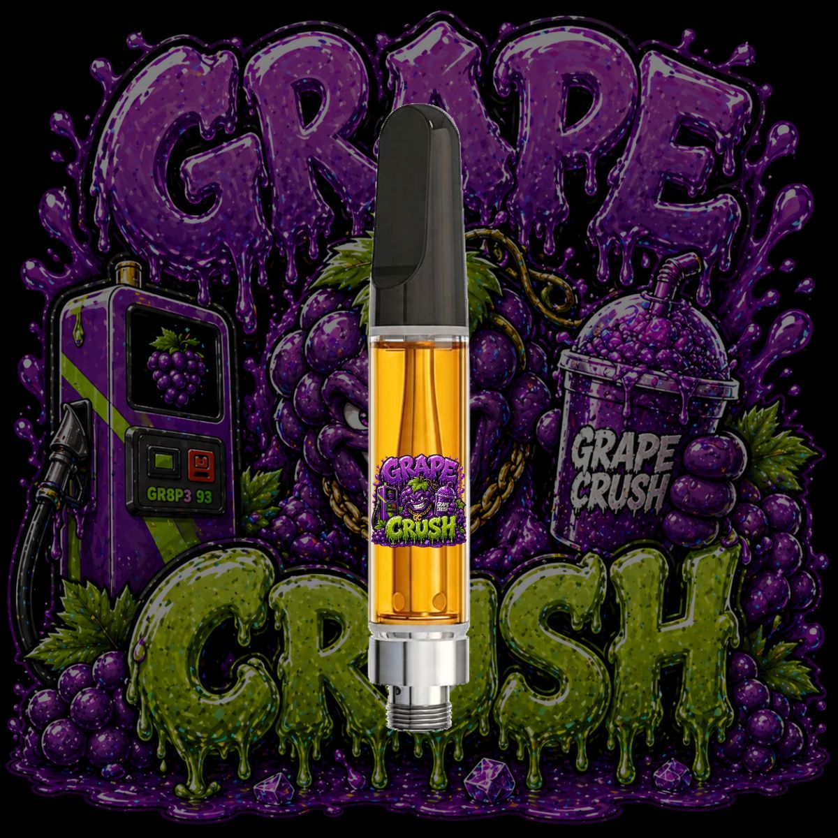 Grape Crush HTSFE vape cartridge with purple grape-themed cannabis artwork, premium full-spectrum THC oil, and sweet hybrid strain branding