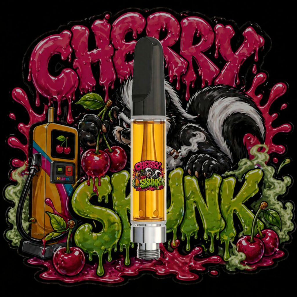 Cherry Skunk HTSFE vape cartridge with cherry-themed cannabis artwork, premium full-spectrum THC oil, and fruity skunk hybrid strain branding