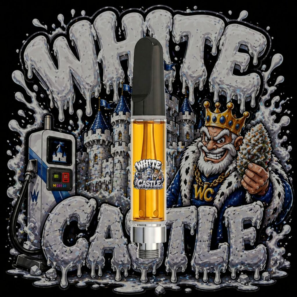 White Castle HTSFE vape cartridge with creamy dessert cannabis artwork, premium full-spectrum THC oil, and gas-heavy hybrid strain branding