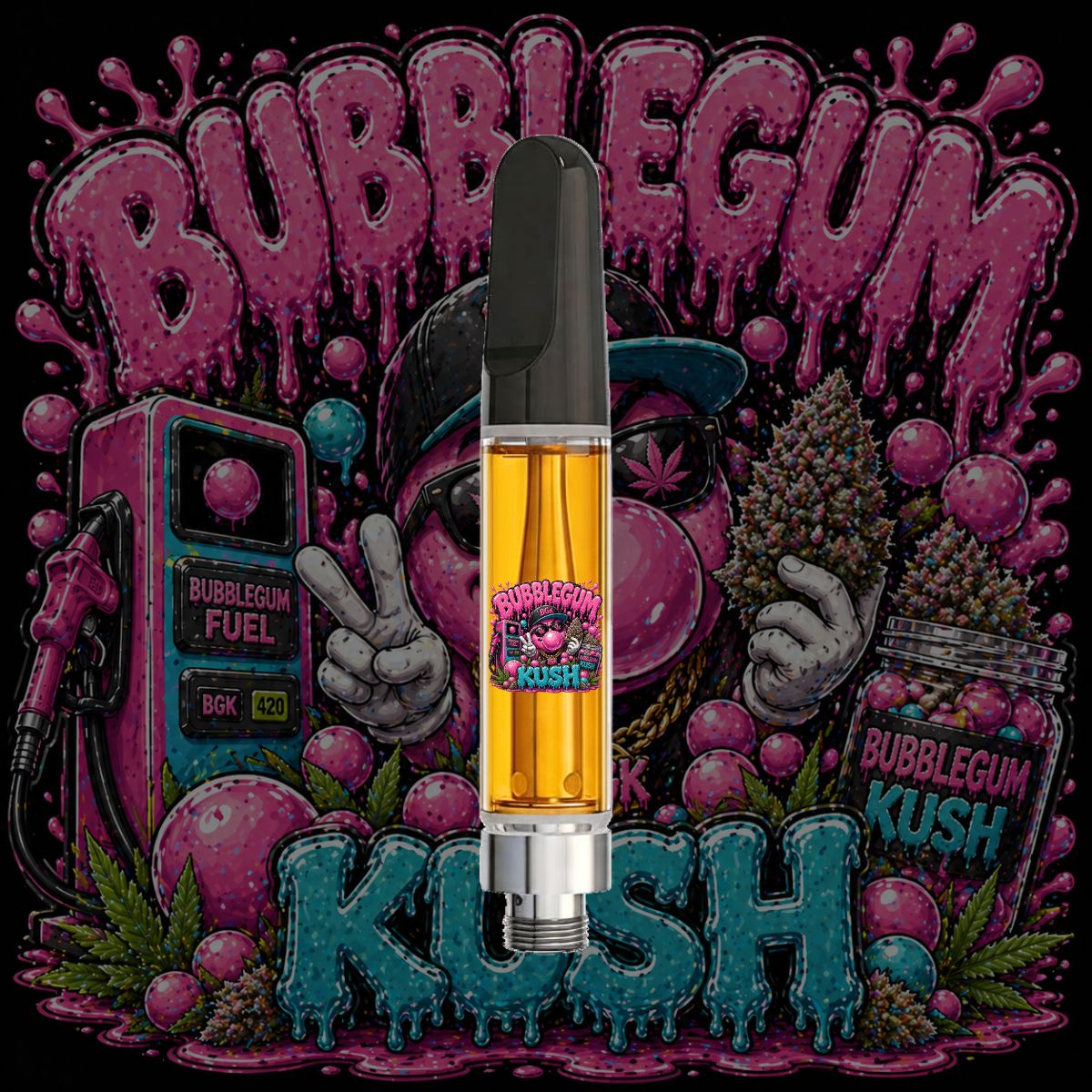 Bubblegum Kush HTSFE vape cartridge and ceramic THC cart with pink candy-themed artwork and premium full-spectrum cannabis oil