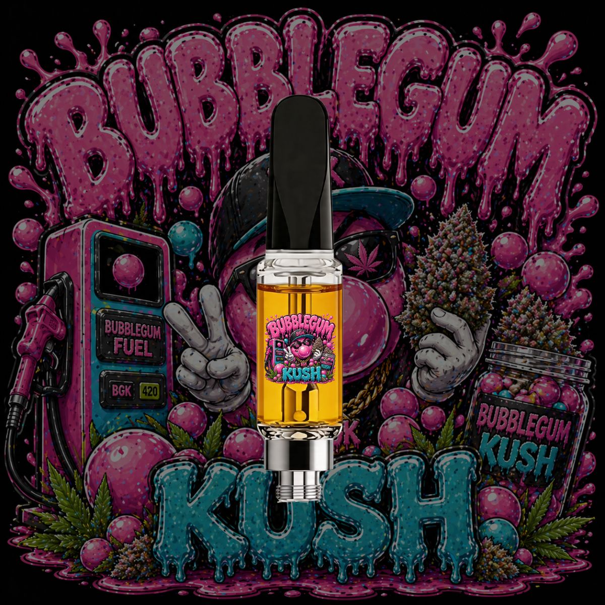 Bubblegum Kush HTSFE vape cartridge and ceramic THC cart with pink candy-themed artwork and premium full-spectrum cannabis oil