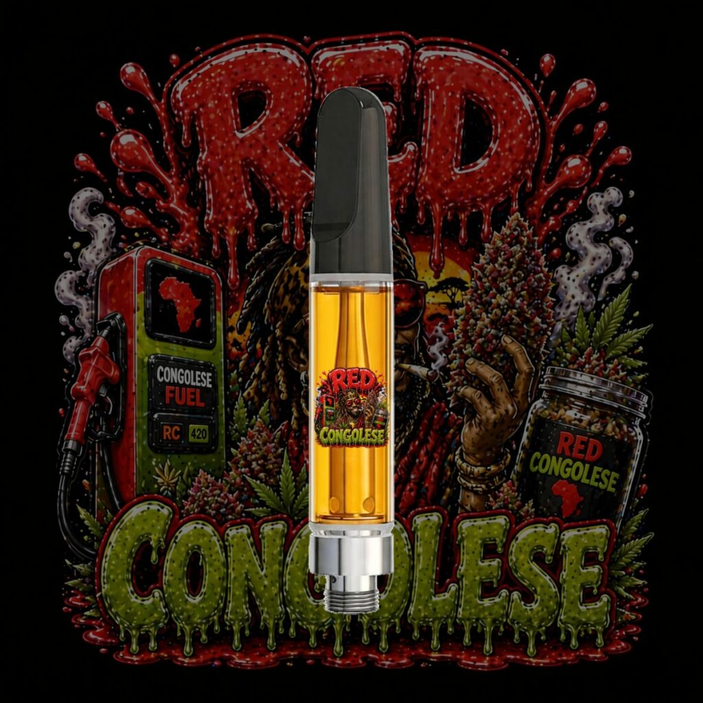 Red Congolese THC vape cartridge with colorful exotic strain artwork and premium oil