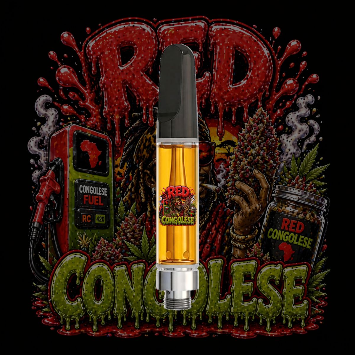 Red Congolese THC vape cartridge with colorful exotic strain artwork and premium oil
