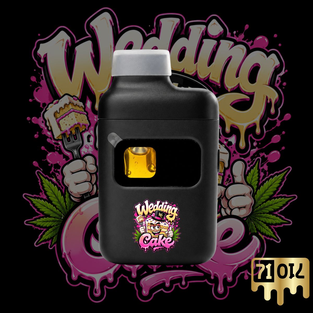 Wedding Cake THC vape pen with premium cannabis oil and playful Wedding Cake strain artwork on a black disposable vape.