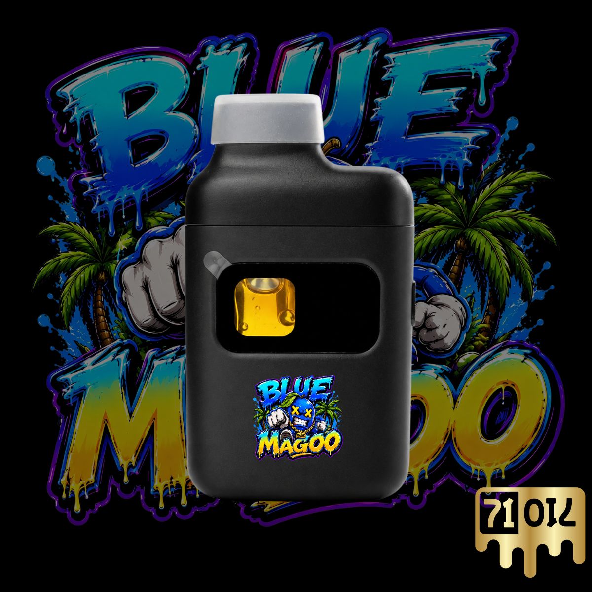 Blue Magoo THC vape pen with premium cannabis oil and tropical blue strain artwork.