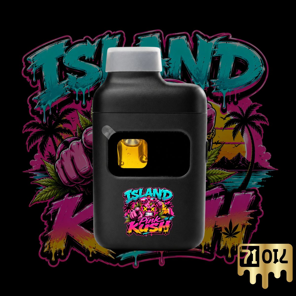 Island Pink Kush THC vape pen with premium cannabis oil and tropical sunset strain artwork.