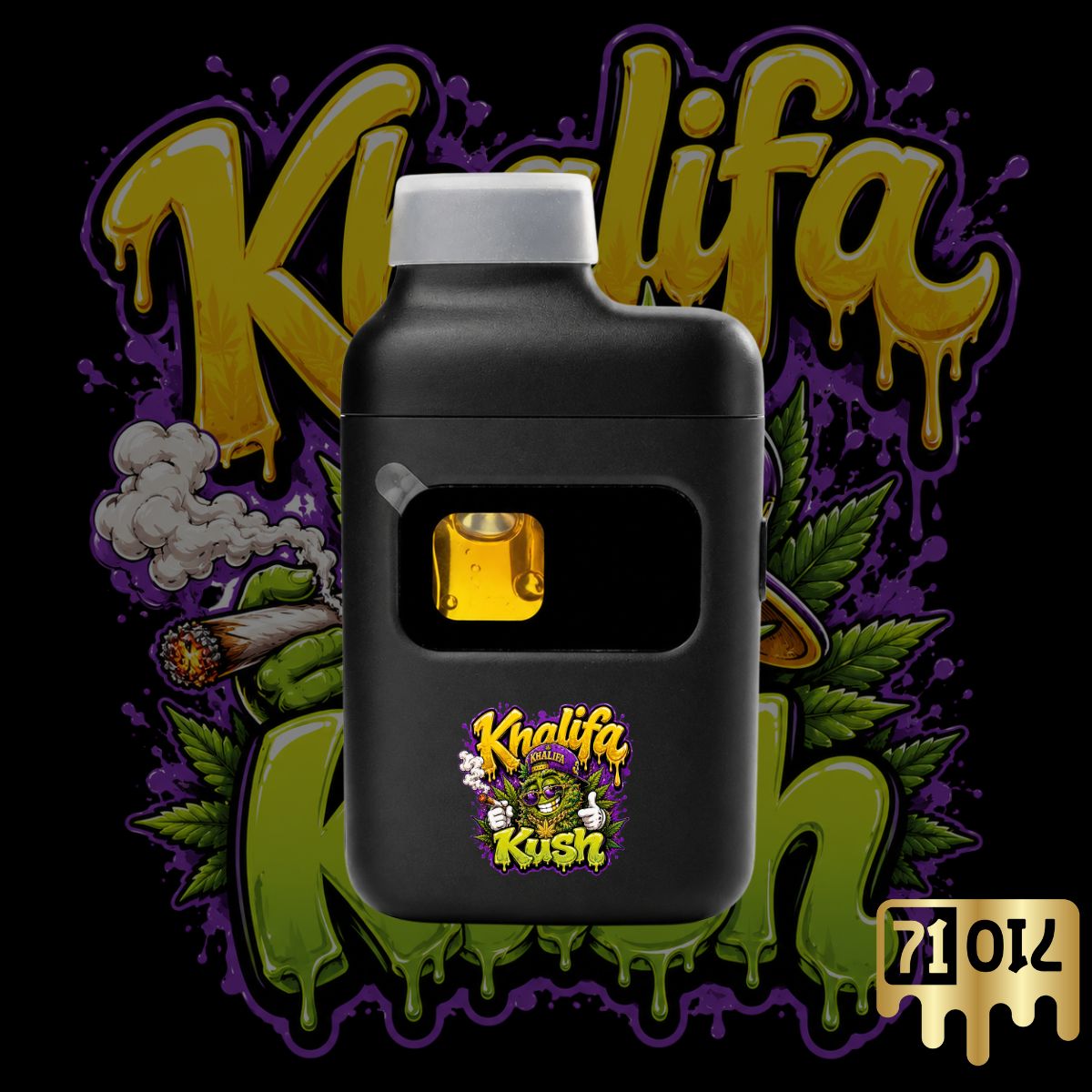 Khalifa Kush THC vape pen with premium cannabis oil and bold purple-green strain artwork.