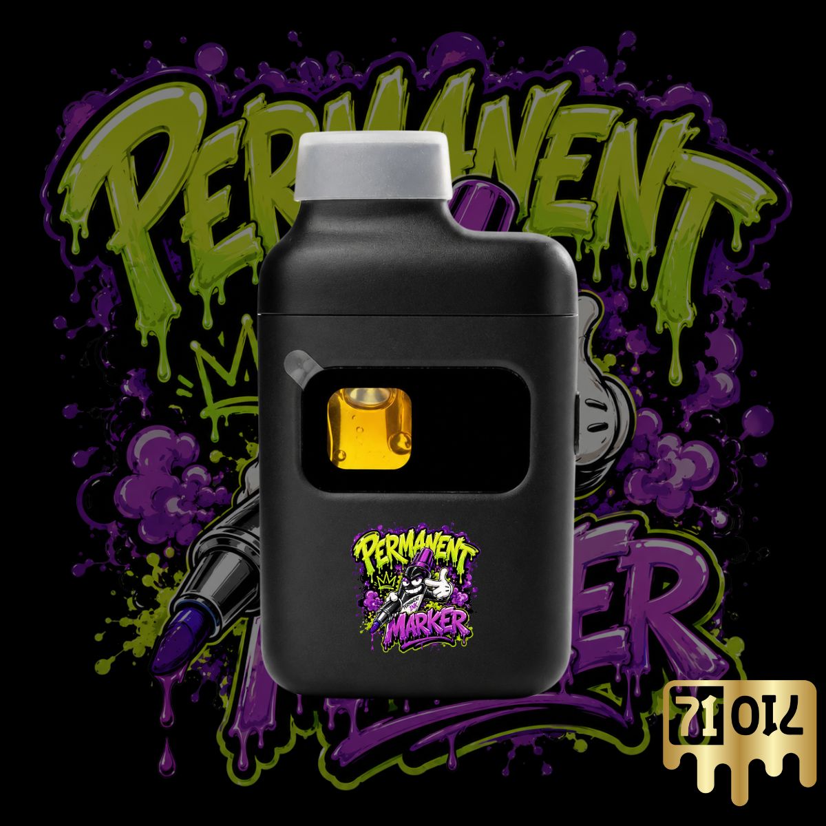 Permanent Marker THC vape pen with premium cannabis oil and graffiti-inspired strain artwork.
