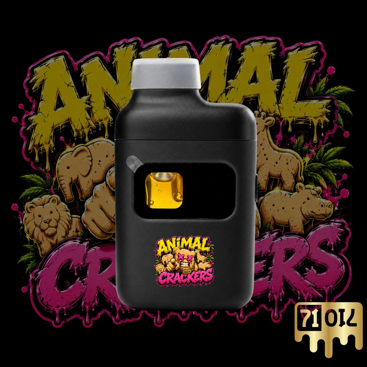 Animal Crackers THC vape pen with premium cannabis oil and colorful cartoon strain artwork.