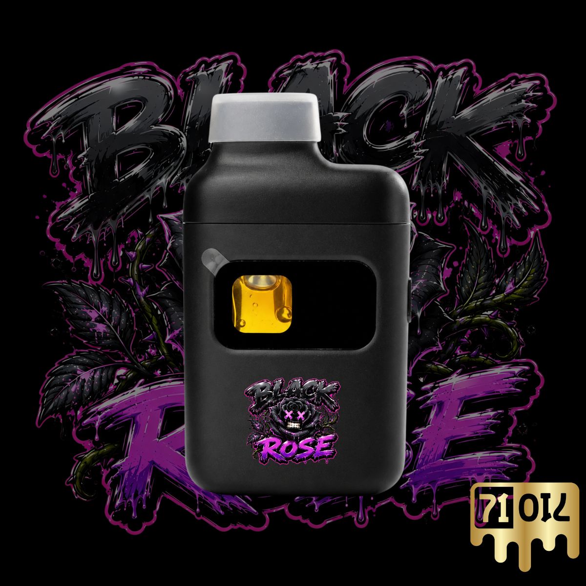 Black Rose THC vape pen with premium cannabis oil and dark purple gothic strain artwork.