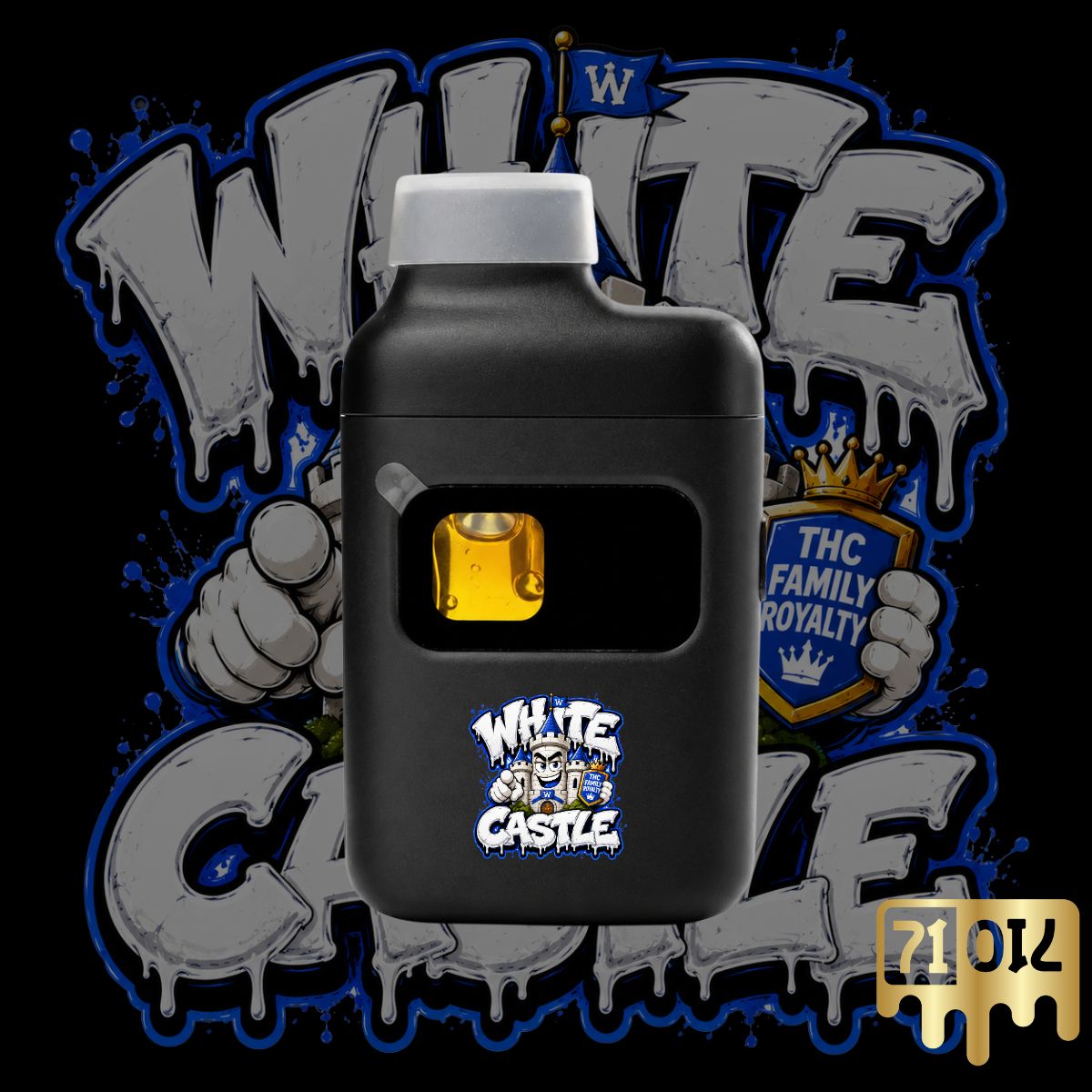 White Castle THC vape pen with premium cannabis oil and blue-white castle themed strain artwork.