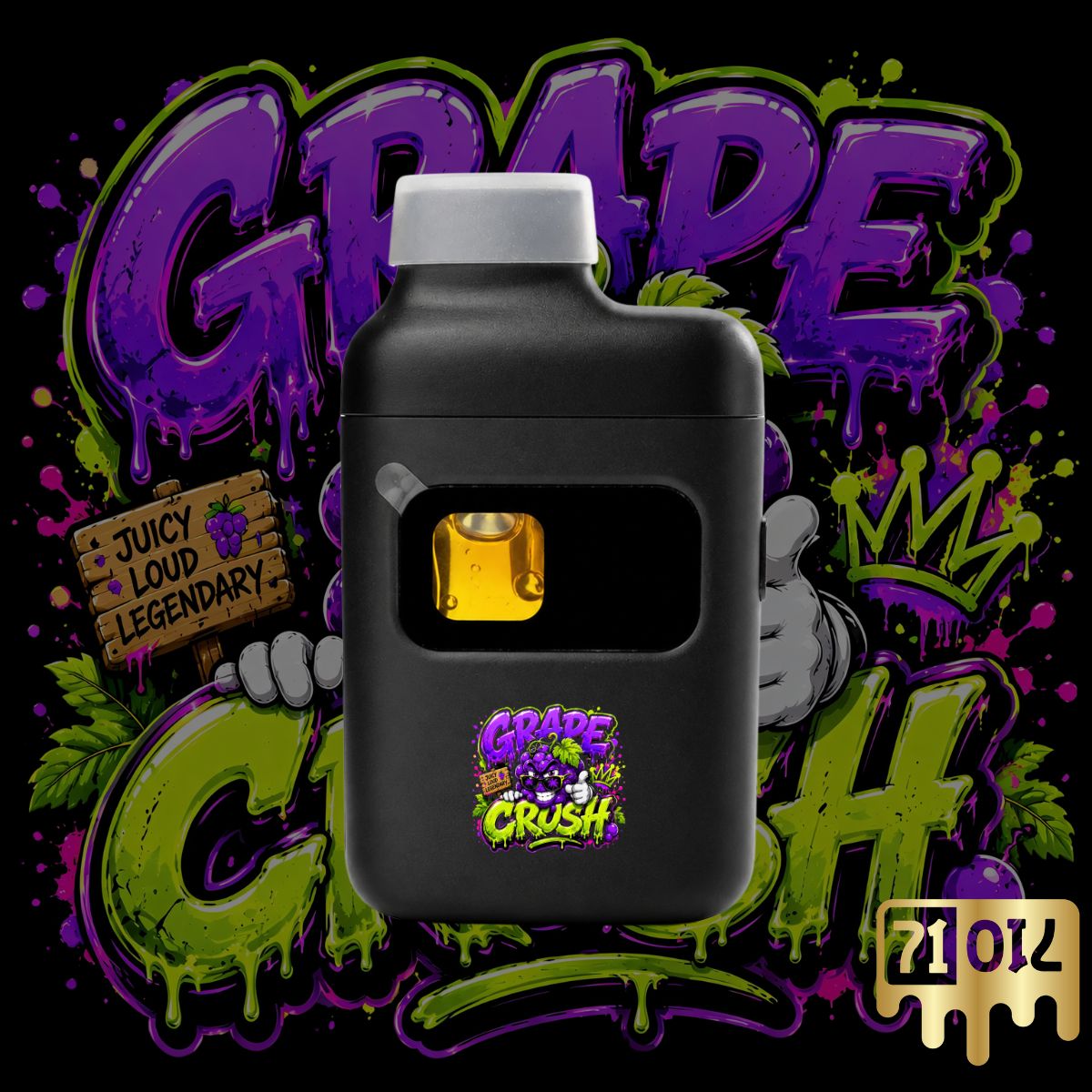 Grape Crush THC vape pen with premium cannabis oil and vibrant purple grape-inspired artwork.