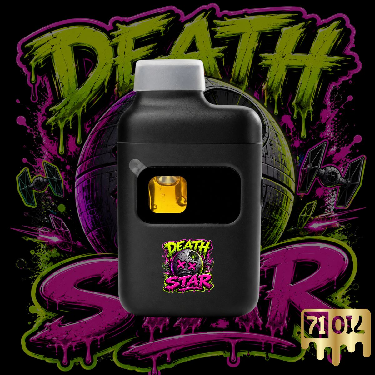 Death Star THC vape pen with premium cannabis oil and space-inspired strain artwork.