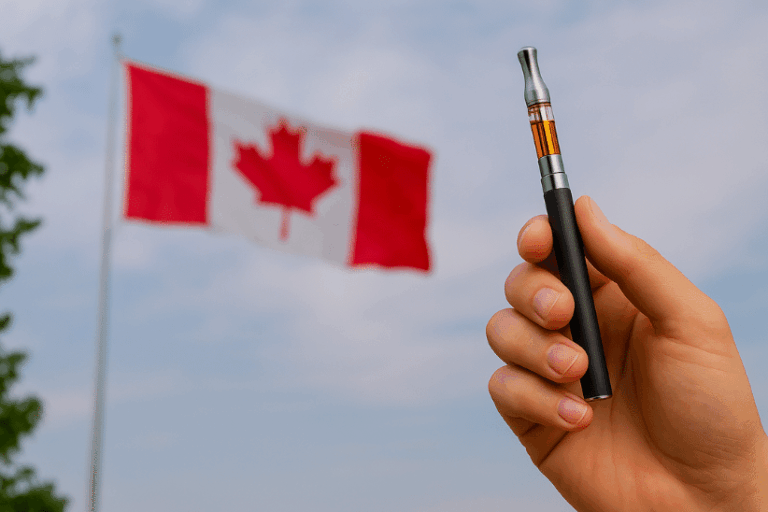 Hand holding a THC vape cartridge with the Canadian flag in the background