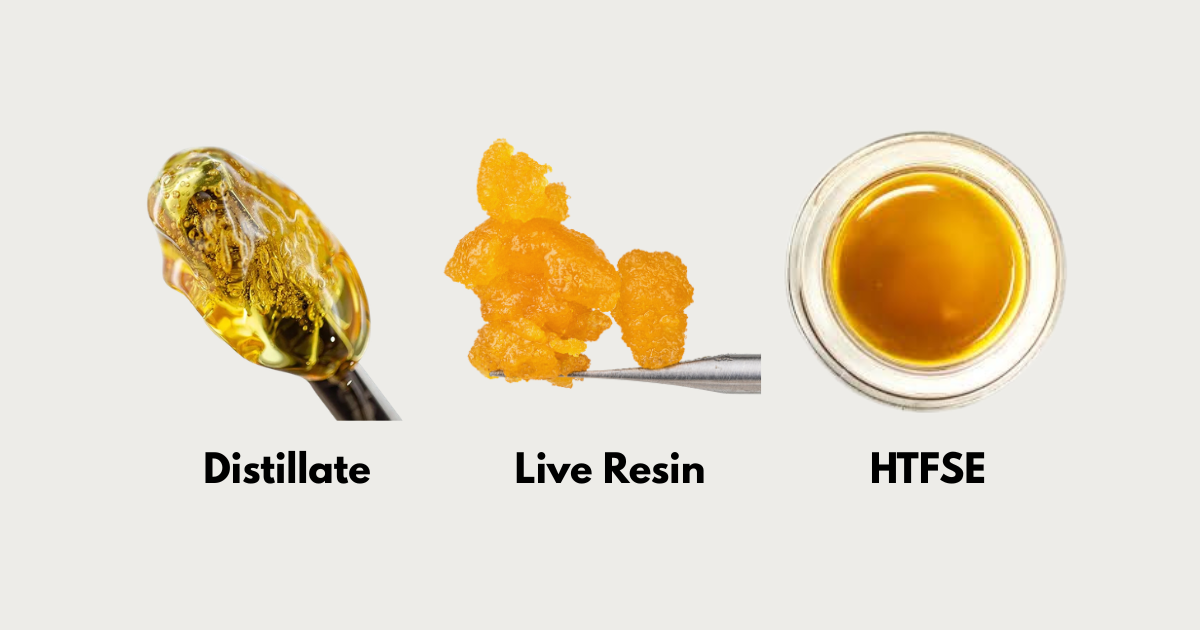 Distillate, live resin, and HTFSE THC vape extracts side by side