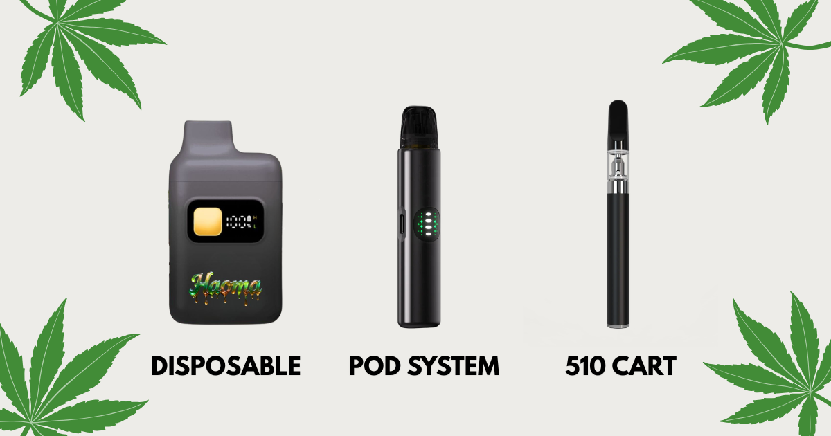 Three main types of THC vapes in Canada: disposable, pod system, and 510 cart