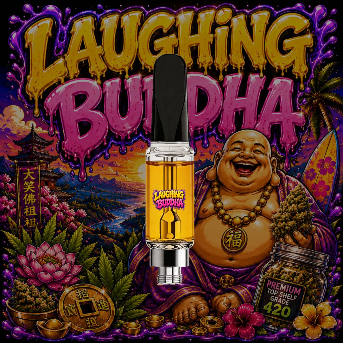 Laughing Buddha THC vape cartridge featuring colorful Buddha-inspired artwork with a premium 510-thread cartridge filled with golden cannabis oil.
