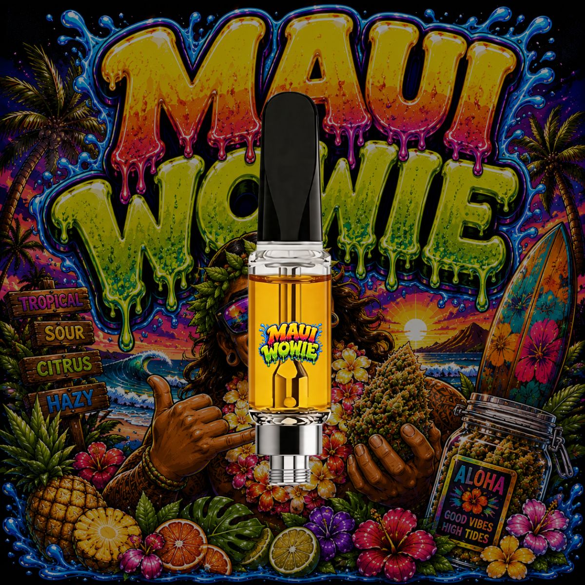 Maui Wowie THC vape cartridge with tropical Hawaiian-inspired artwork and premium golden cannabis oil in a 510-thread cartridge.