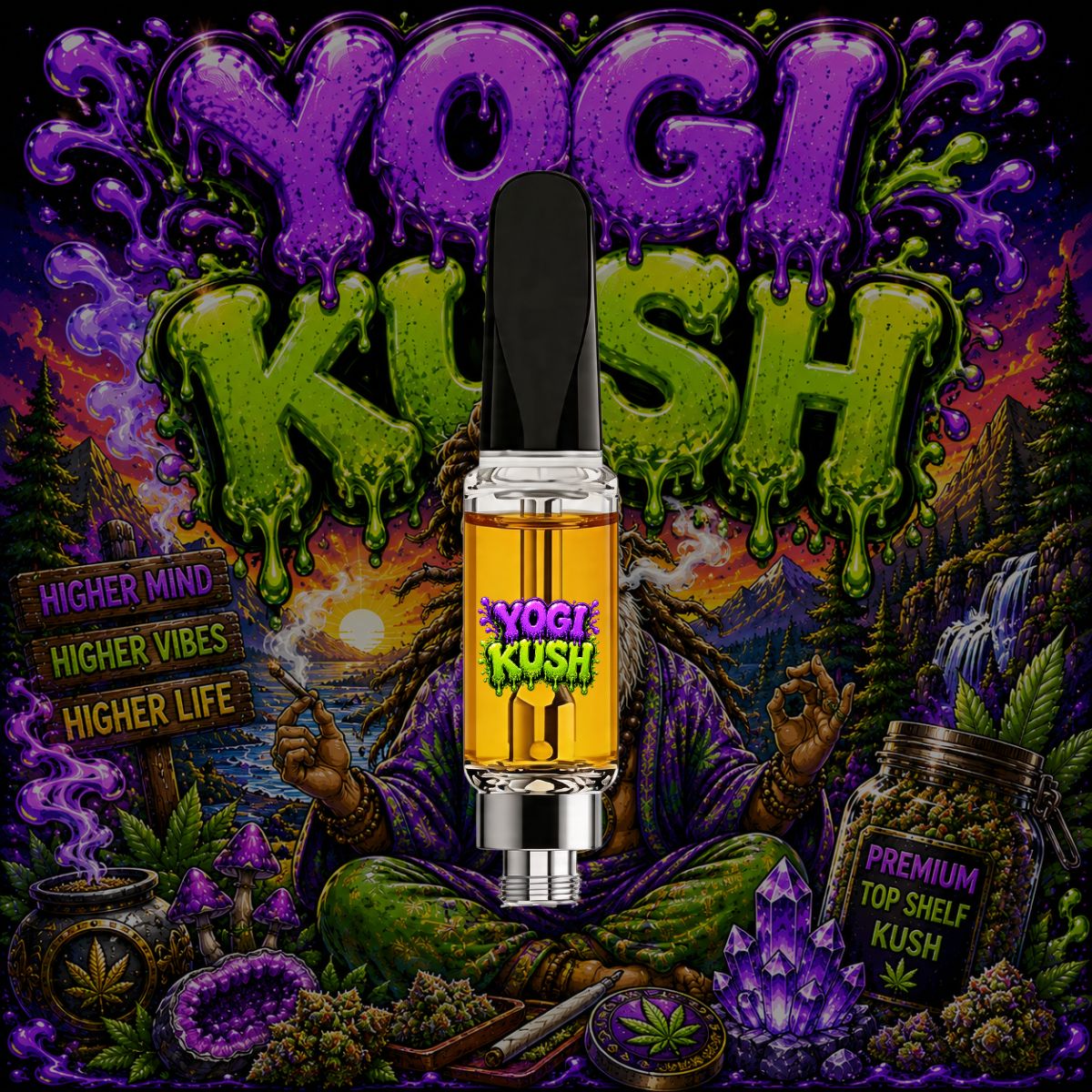 Yogi Kush THC vape cartridge featuring meditation-inspired artwork with premium golden cannabis oil inside a 510-thread cartridge.