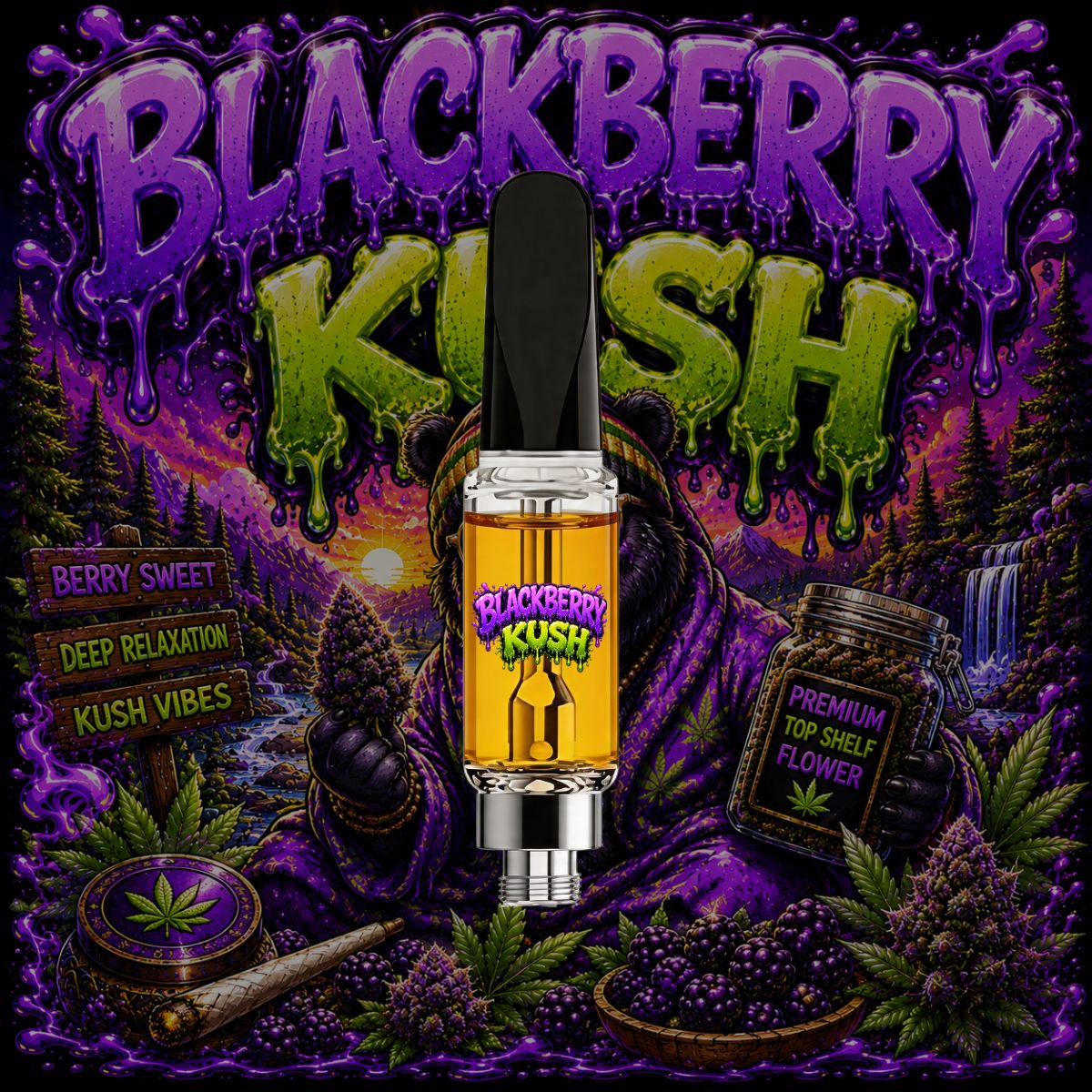 Blackberry Kush THC vape cartridge featuring blackberry-themed artwork with a premium 510-thread cartridge filled with golden cannabis oil.