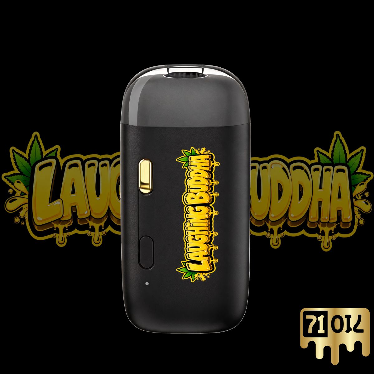 Laughing Buddha THC vape pen with bright yellow graffiti lettering on a premium black disposable vape.