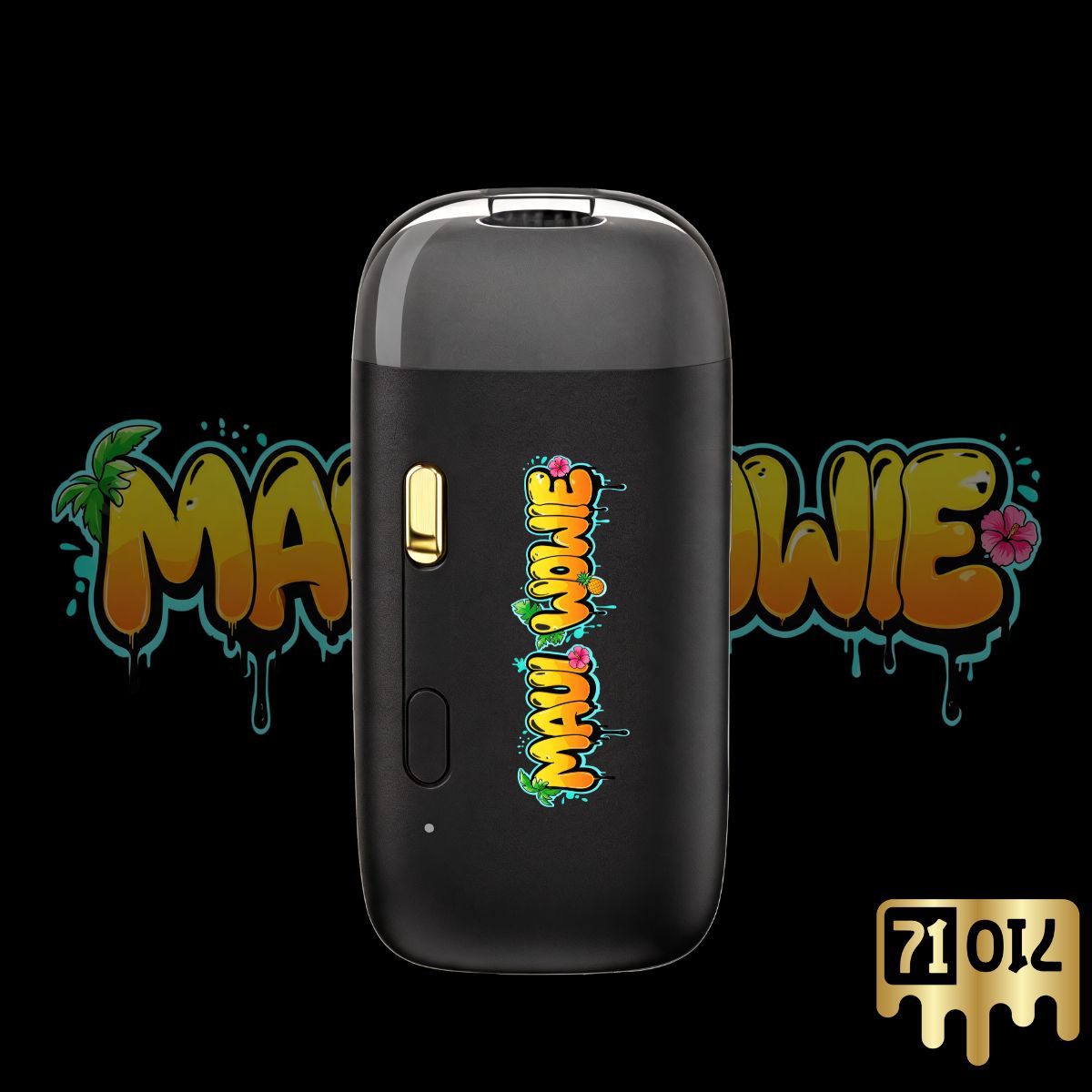 Maui Wowie THC vape pen featuring tropical orange graffiti lettering on a black disposable vape.