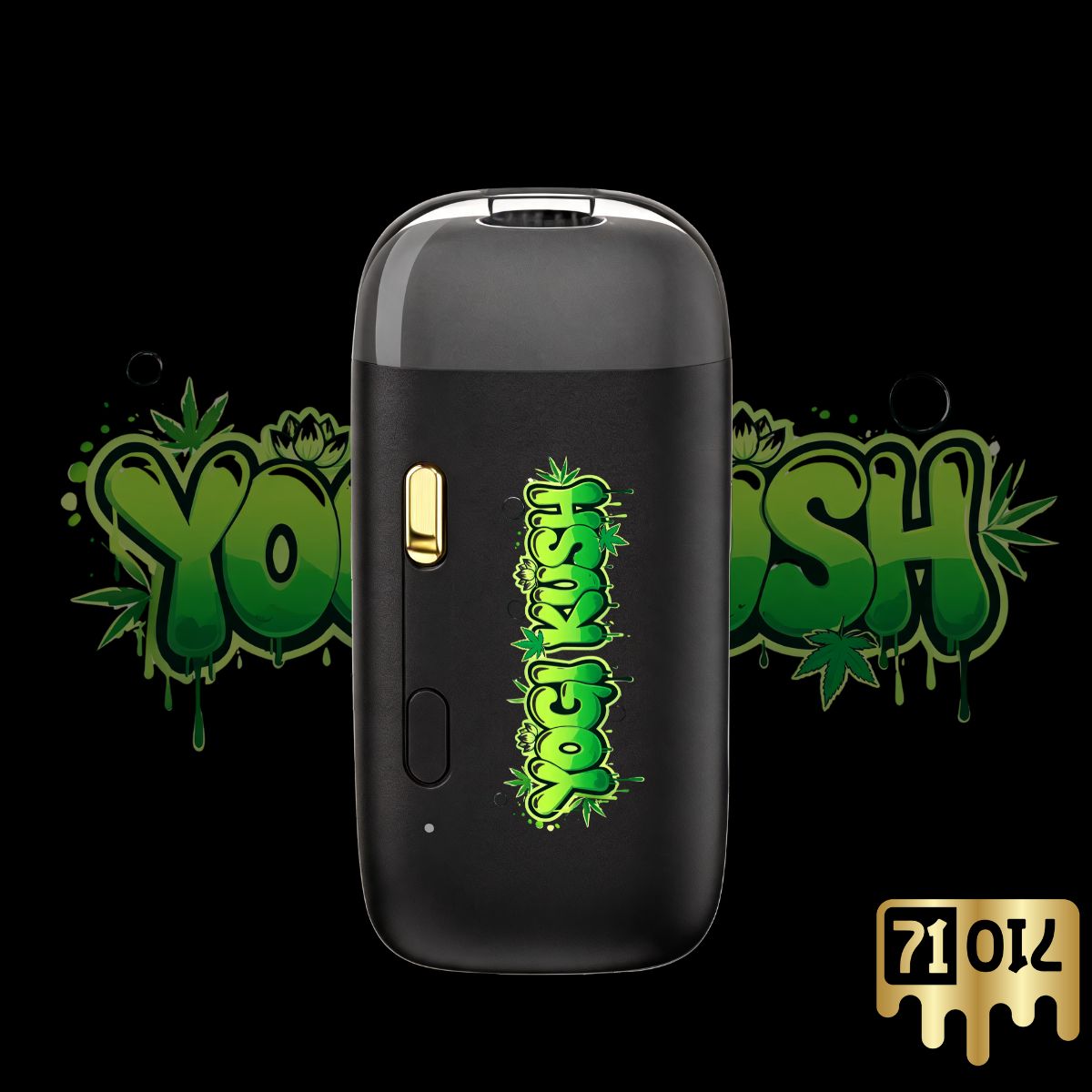 Yogi Kush THC vape pen with bright green graffiti lettering on a black disposable vape.