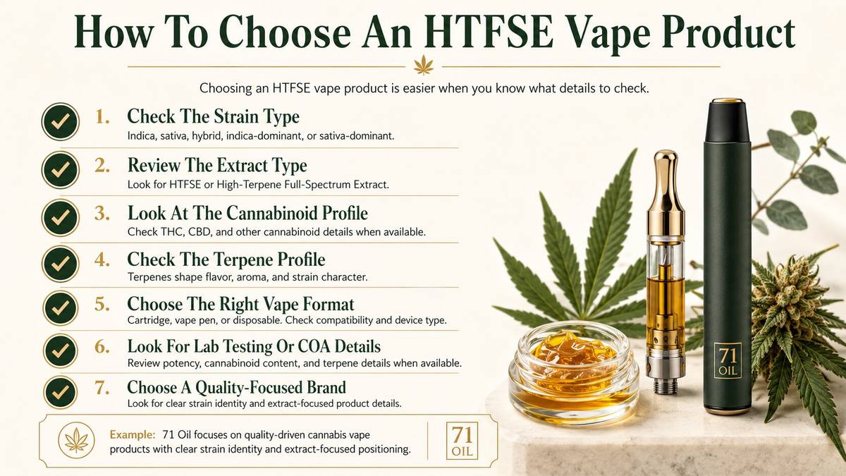 Checklist infographic showing how to choose an HTFSE vape product by strain type, extract type, terpene profile, vape format, and COA