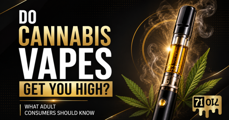 Cannabis vape pen with 71 Oil logo watermark and text asking do cannabis vapes get you high for adult consumers