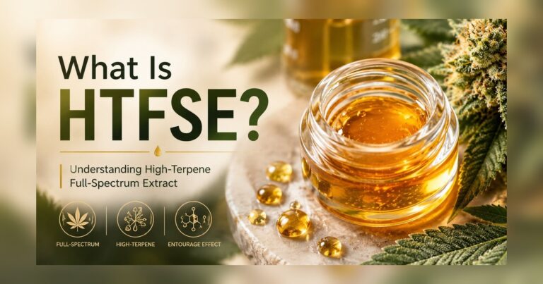 Golden HTFSE cannabis extract in a glass jar beside cannabis leaves for a high-terpene full-spectrum extract guide