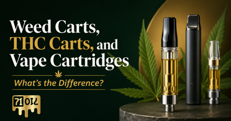 Weed carts, THC carts, and vape cartridges comparison image with cannabis vape hardware and 71 Oil logo watermark