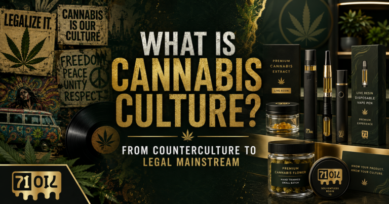 What is cannabis culture featured image with counterculture visuals, legal cannabis retail products, vape devices, cannabis leaves, and 71 Oil logo watermark