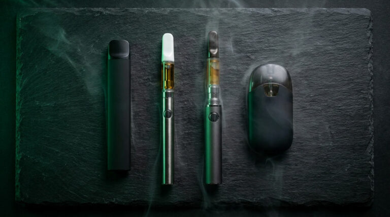Different types of THC vape pens displayed on a surface, including a disposable pen, 510-thread cartridges with visible extract, and a pod system, showing product comparison.