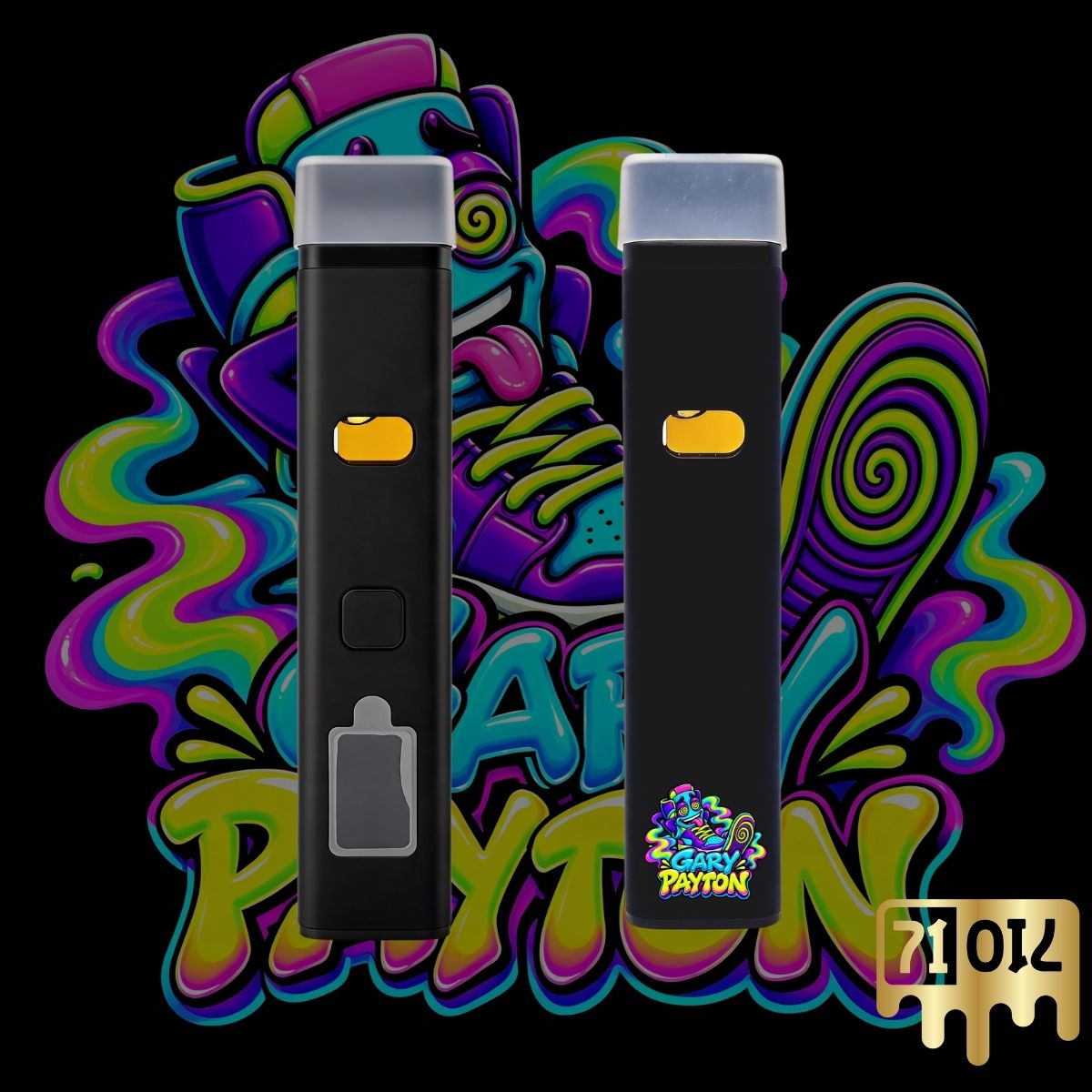 Alt Text: 71oil Gary Payton 2G vape pen with black device and colorful psychedelic strain artwork.