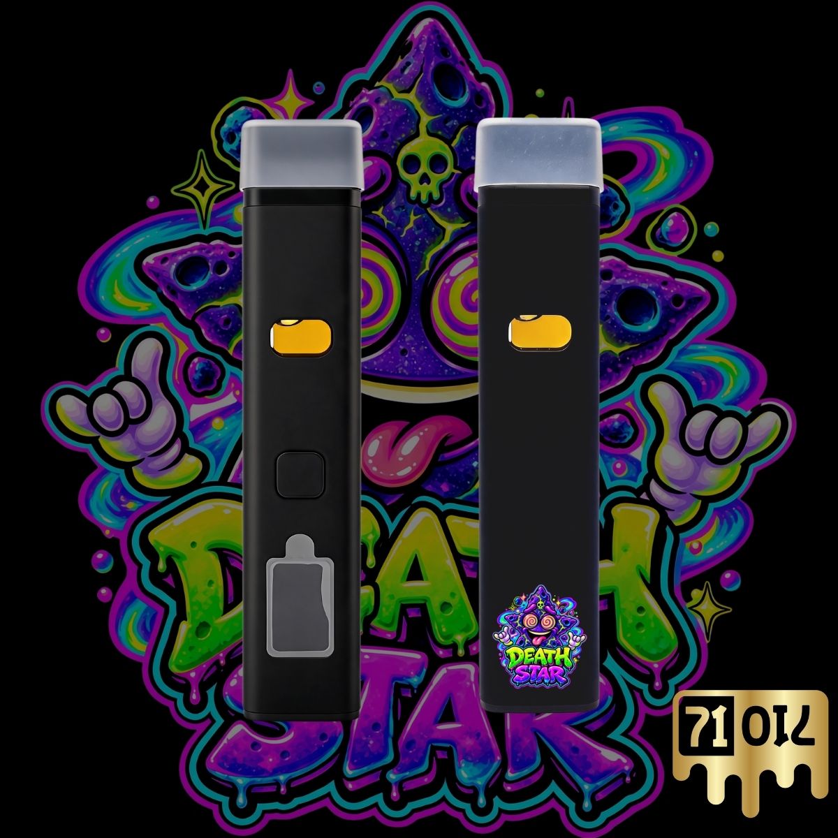 71oil Death Star 2G vape pen with black device and psychedelic space-themed artwork.