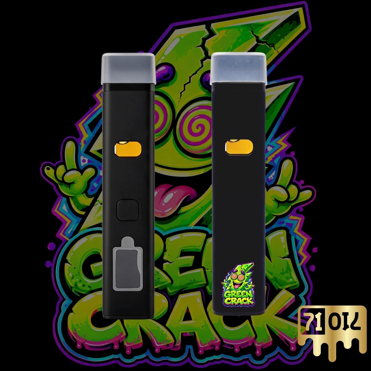 71oil Green Crack 2G vape pen with black device and bright green psychedelic artwork.