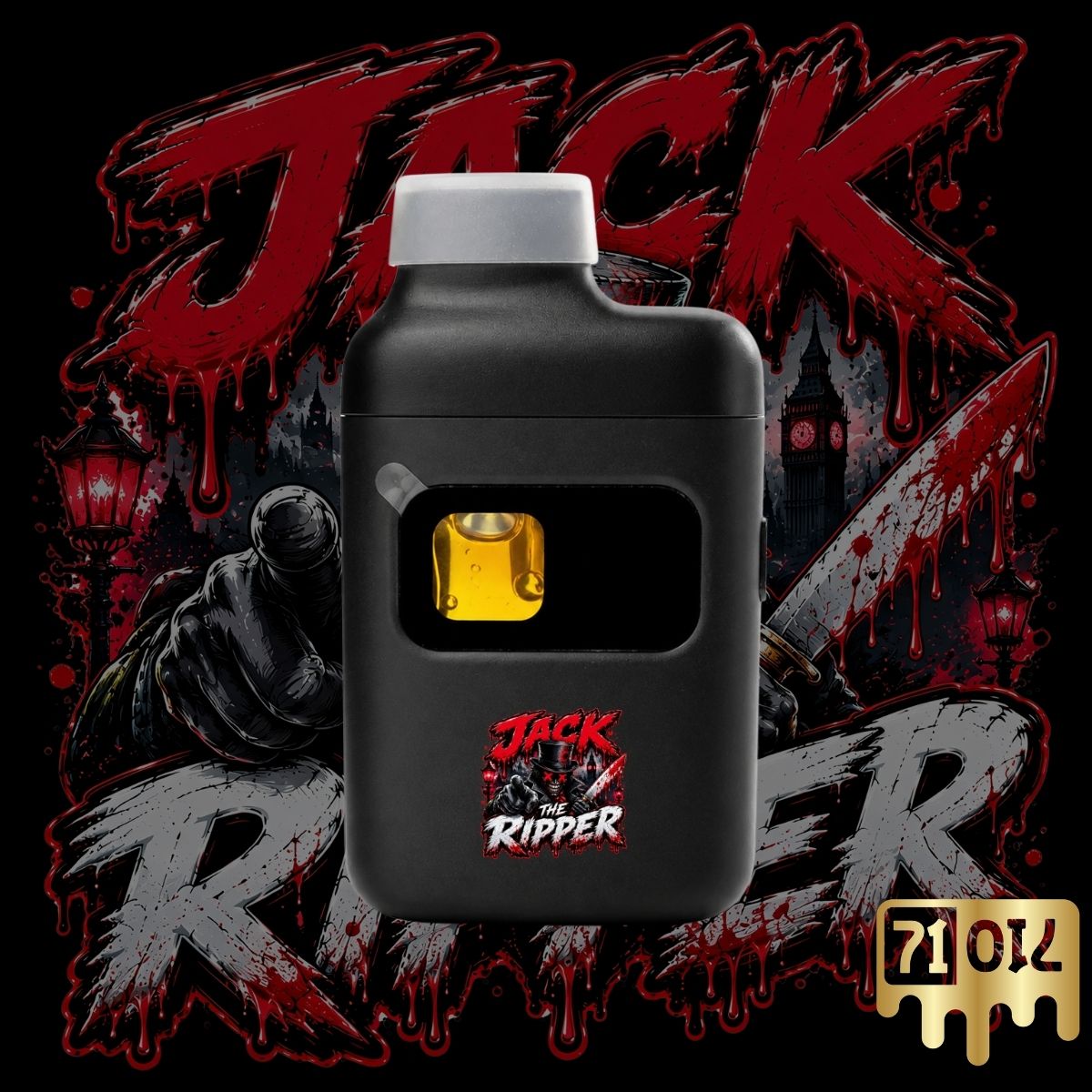 Jack the Ripper Vape Pen by 71 Oil with dark horror-inspired artwork