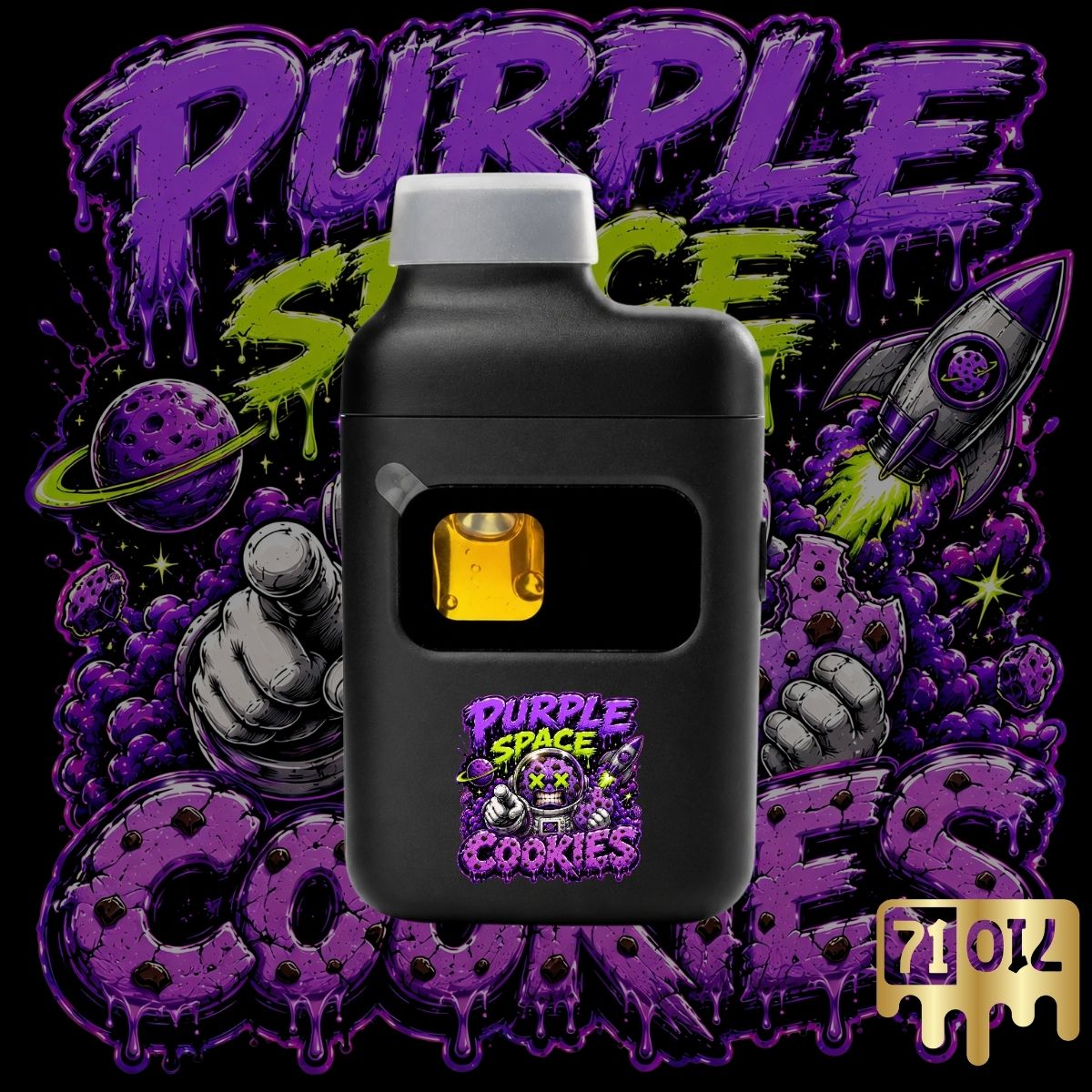 71oil Purple Space Cookies 2G vape pen with black device and purple space-themed strain artwork.