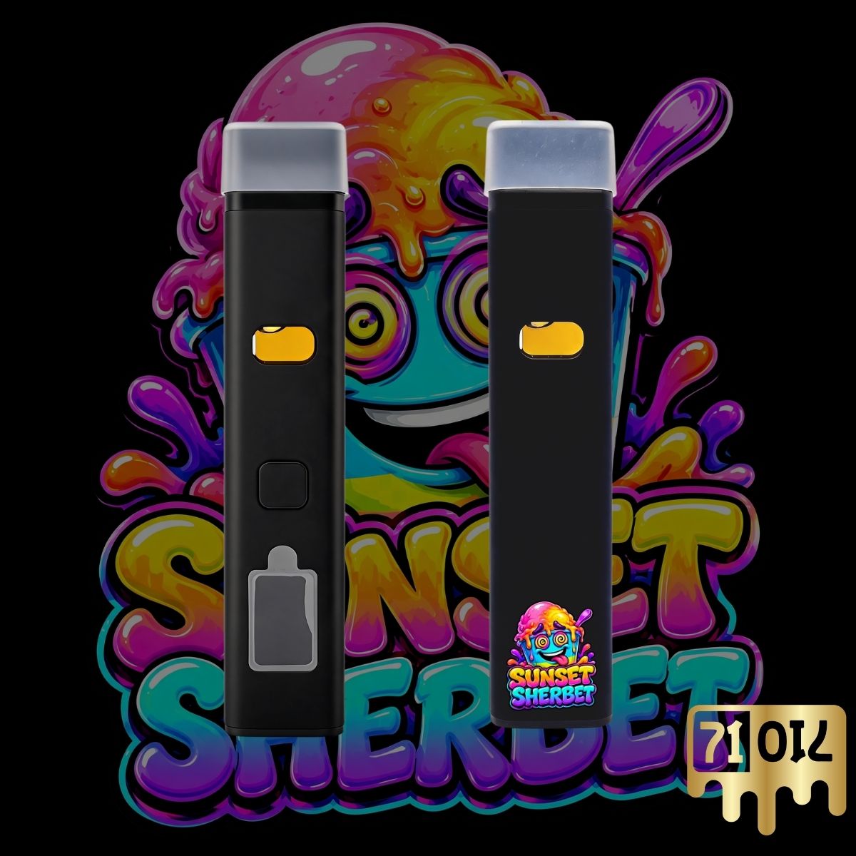 71oil Sunset Sherbet 2G vape pen with black device and colorful sherbet-inspired artwork.