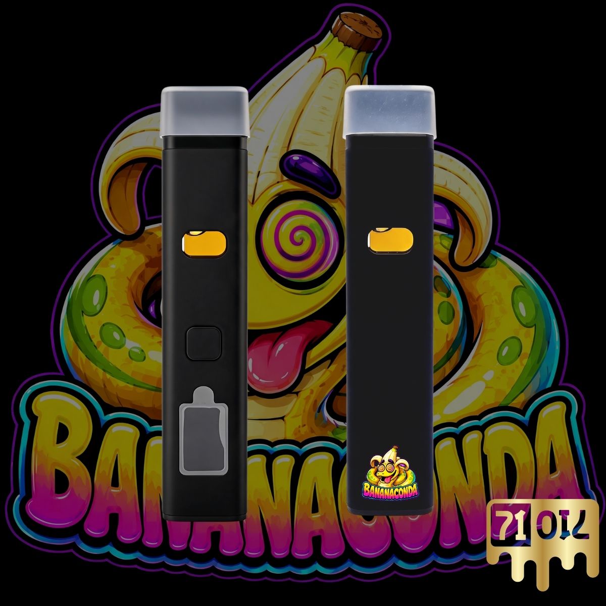 71oil Bananaconda 2G vape pen with black device and colorful banana strain artwork.