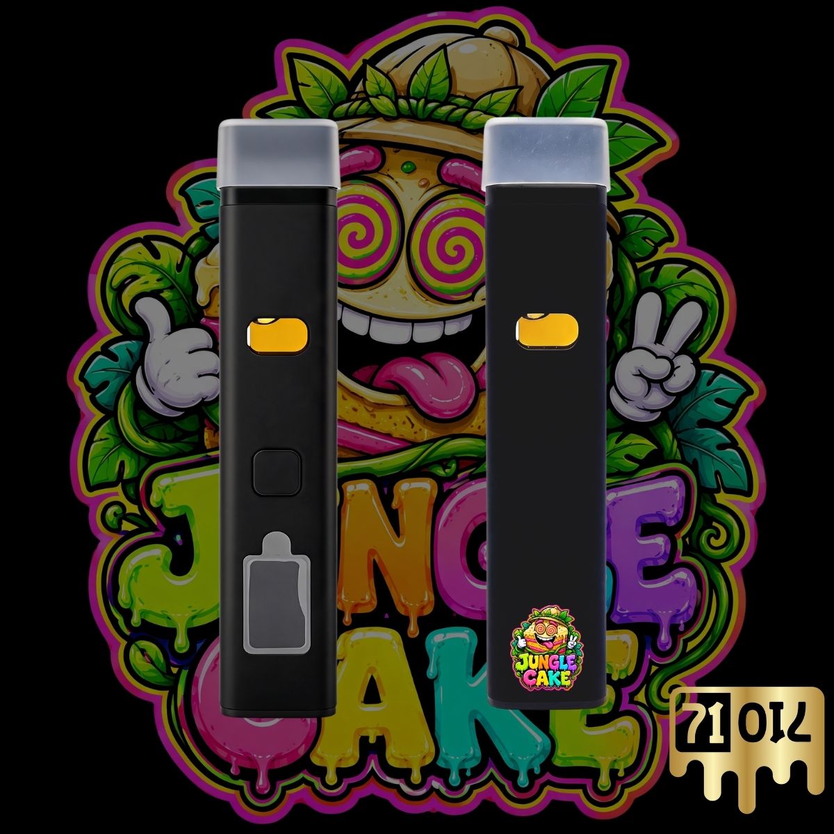 71oil Jungle Cake 2G vape pen with black device and colorful jungle-themed strain artwork.