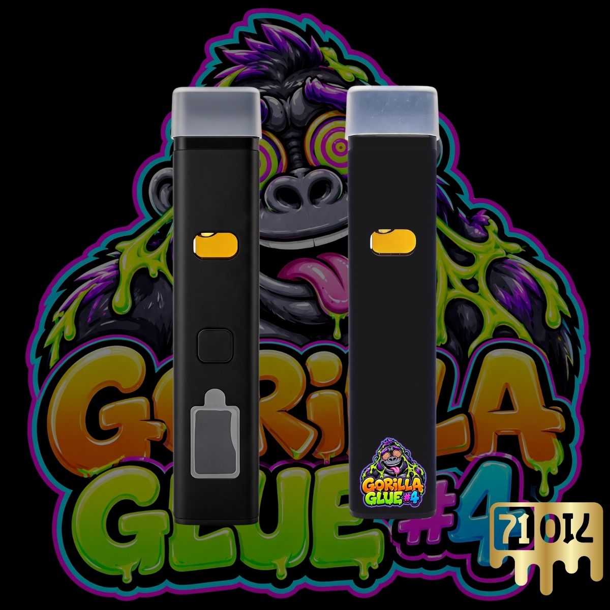 71oil Gorilla Glue #4 2G vape pen with black device and psychedelic gorilla artwork.