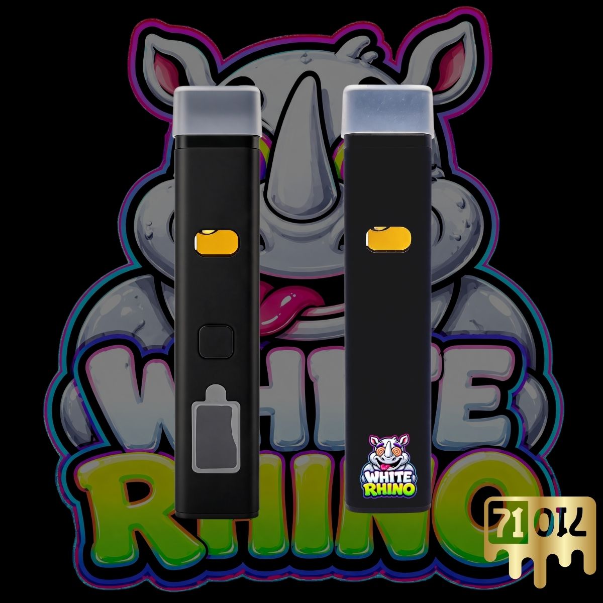 71oil White Rhino 2G vape pen with black device and colorful rhino strain artwork.