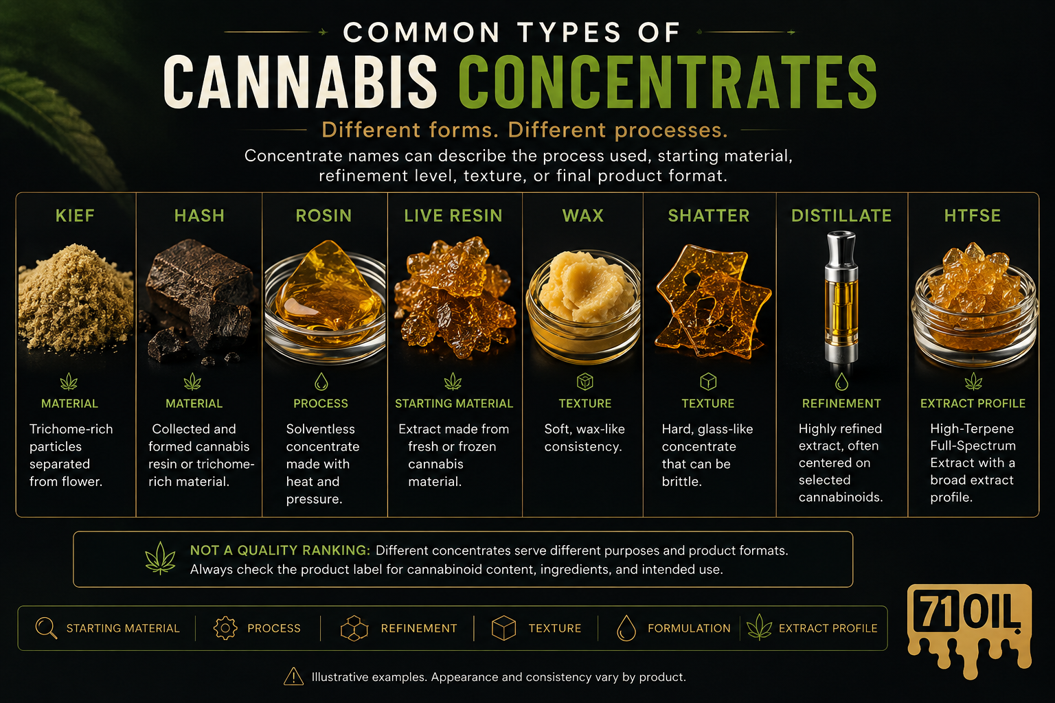 Common cannabis concentrate types including kief, hash, rosin, live resin, wax, shatter, distillate, and HTFSE