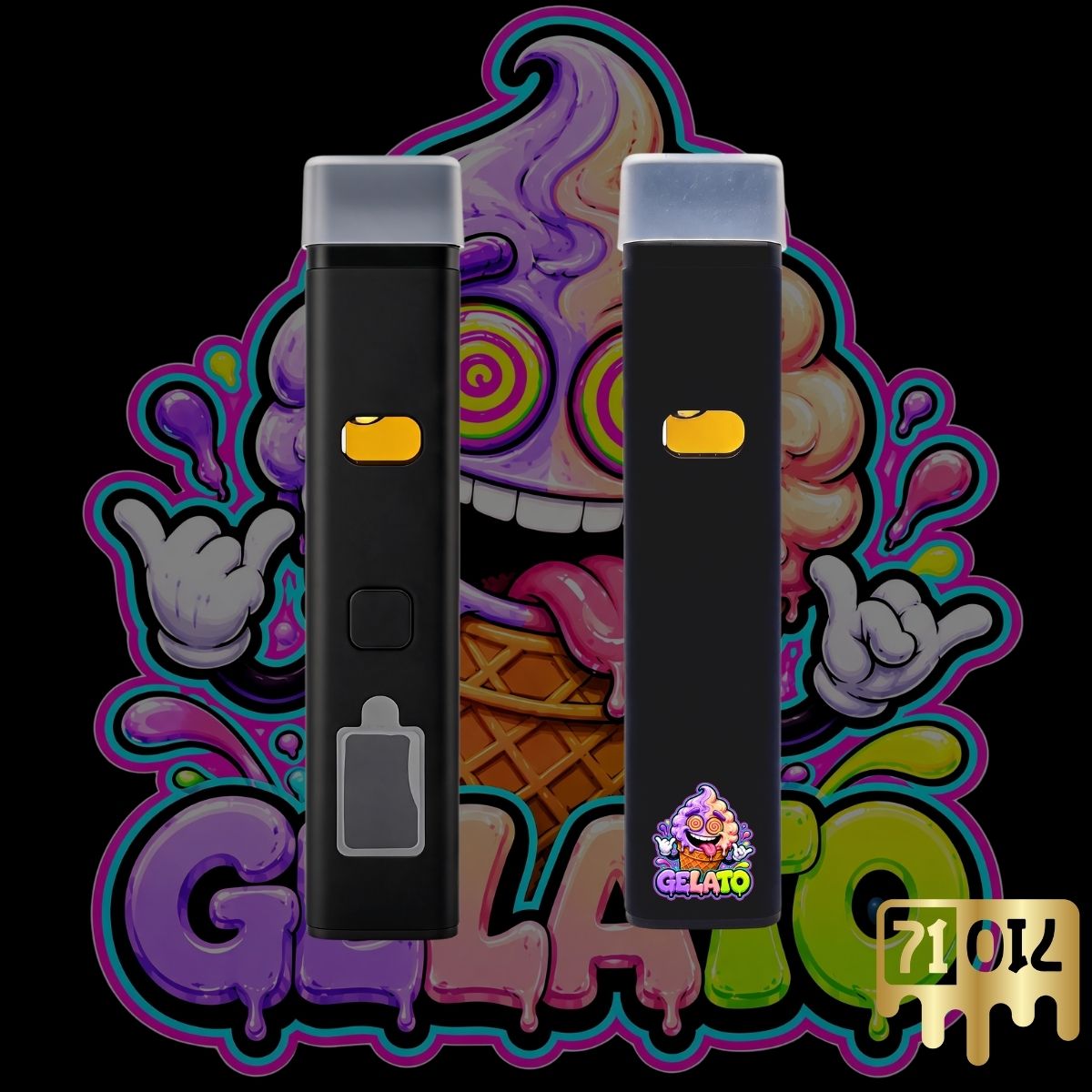 71oil Gelato 2G vape pen with black device and colorful ice cream strain artwork.