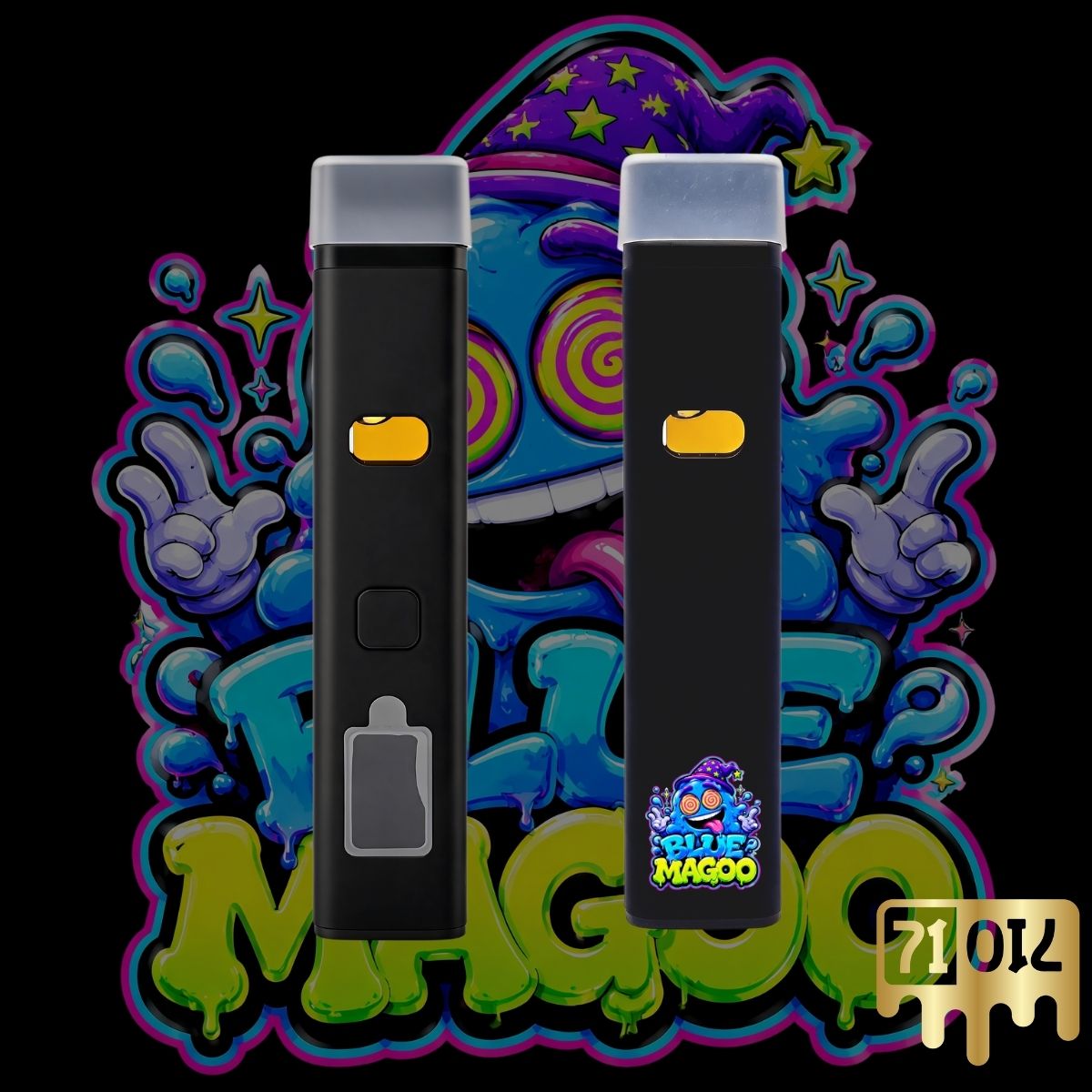 71oil Blue Magoo 2G vape pen with black device and colorful blue psychedelic artwork.