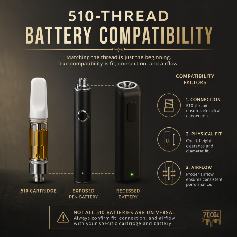510-thread cannabis cartridge beside different vape battery designs for compatibility comparison